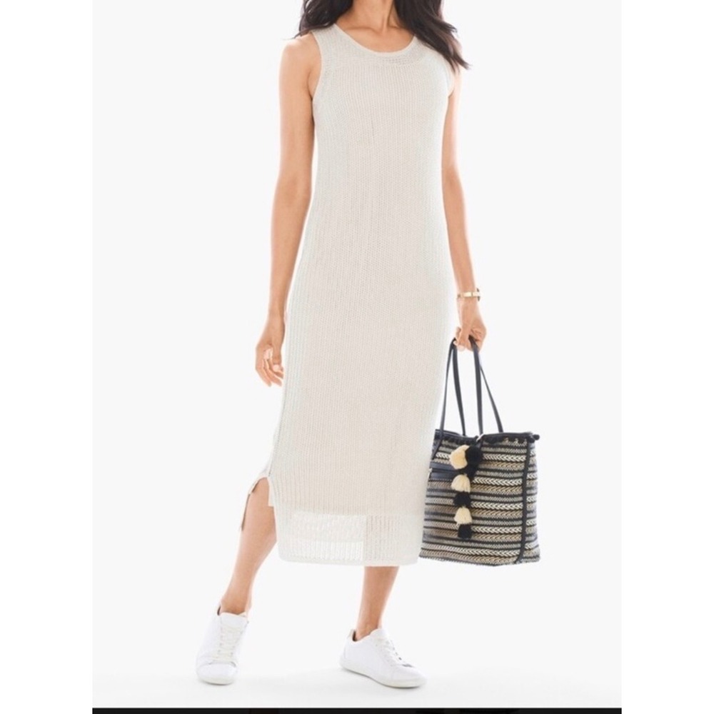 Chico's Zenergy Knitted Linen Blend Maxi Dress‎ Sleeveless Shimmer Women 0 Cream